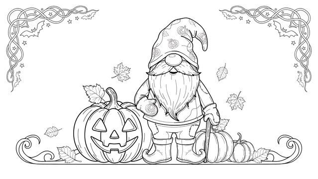Halloween gnome with a carved jack-o-lantern pumpkin coloring page isolated on a transparent background