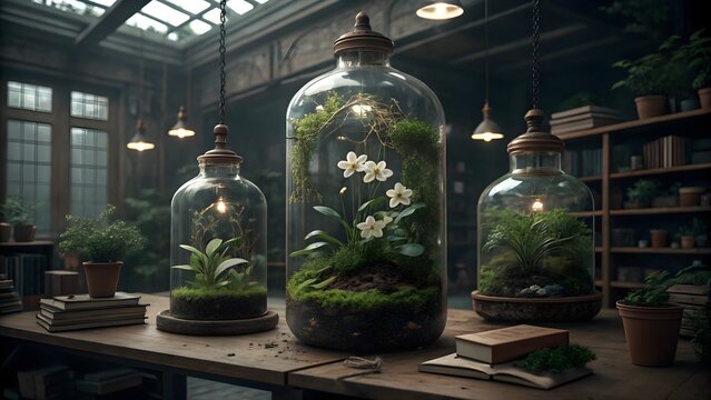 Three glass terrariums with plants and flowers inside placed on a wooden table in a greenhouse room