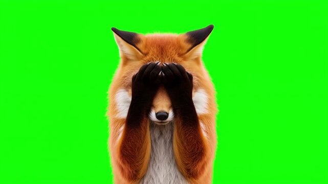Realistic 3D fox doing a facepalm gesture, frustration and mistake concept isolated on chroma key green screen background, Covering Face, Disappointment, Stress, Regret, Failure, Error