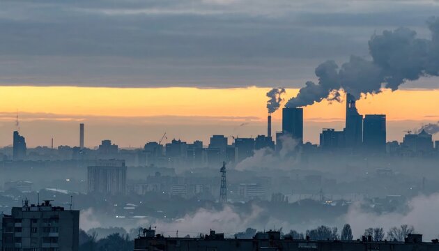 City skyline obscured by thick smog and haze.