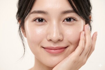 Obraz premium 手のひらで顔を支える、上品な笑顔を浮かべる日本人女性のビューティー・クローズアップポートレート