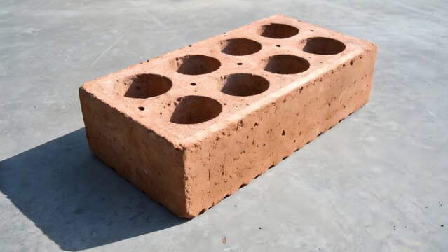 A single rectangular red clay brick with eight circular holes resting on a smooth grey surface