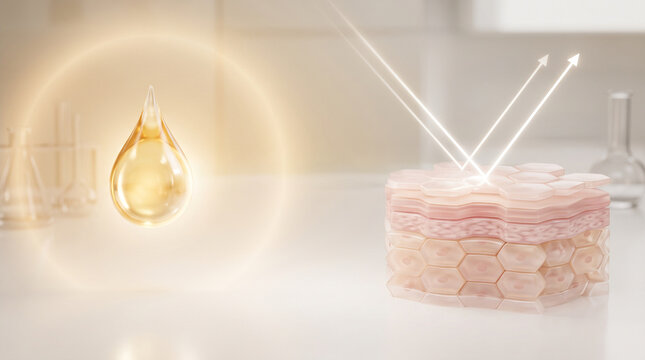 The serum droplet and skin cross section showing a light ray deflection for effective clinical skin cell UV protection and science marketing