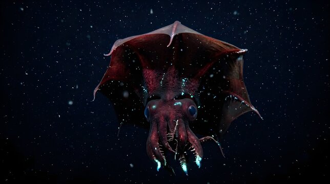 Vampire squid deep sea creature swimming in dark ocean
