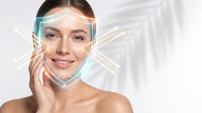 A woman touching a face with glowing holographic shield deflecting UV rays for modern beauty skin cell UV protection cosmetic advertising