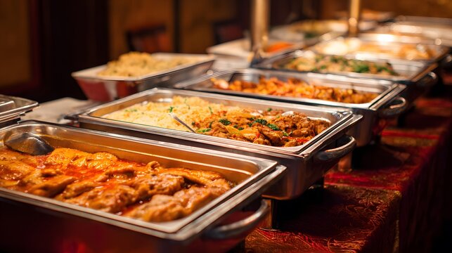 Buffet spread of delicious food in chafing dishes.