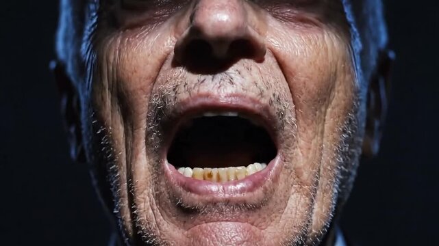 Senior man portrait showing old face with wide eyes to scream in sudden shock horror and deep emotional expression in dark.