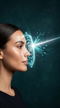The profile portrait of a woman with holographic shield and light deflection for premium beauty advertising and modern skin cell UV protection