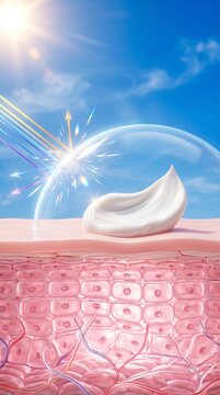 The sunscreen cream dome barrier scattering light rays over healthy skin cell tissue for skin cell UV protection marketing