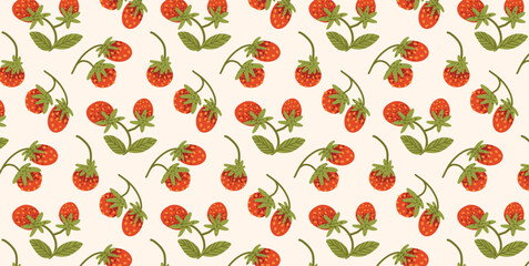 Summer Strawberry Pattern with Green Leaves, Cream Background. Cute summertime clip art, textured crayon berry print, fabric, textile, wallpaper. Flat graphic vector illustration, surface. © roze ultra