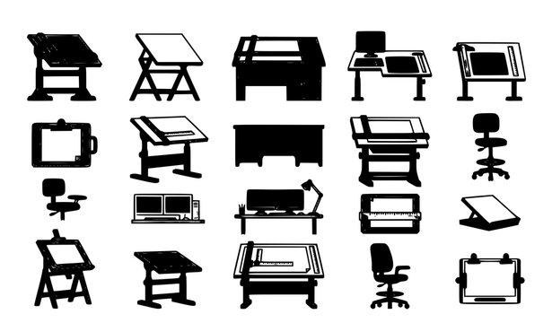 Drawing Boards and Adjustable Drafting Desks Vector Set with Architect Studio Equipment Icons
