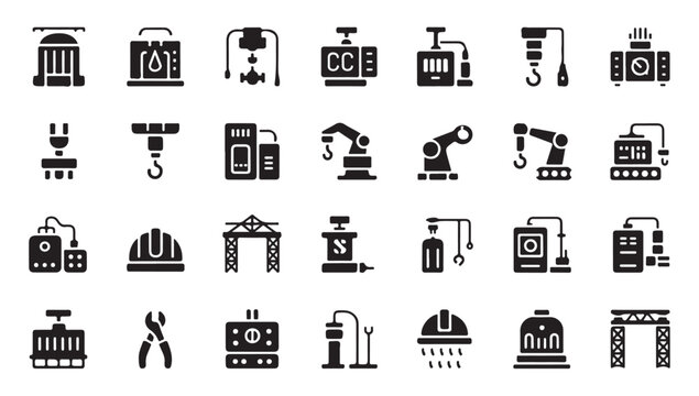 Industrial machinery icons set including factory robotics and manufacturing tech equipment.