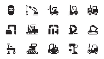 Industrial construction equipment and tools set featuring welding mask crane forklift excavator and drill. © Tanvir