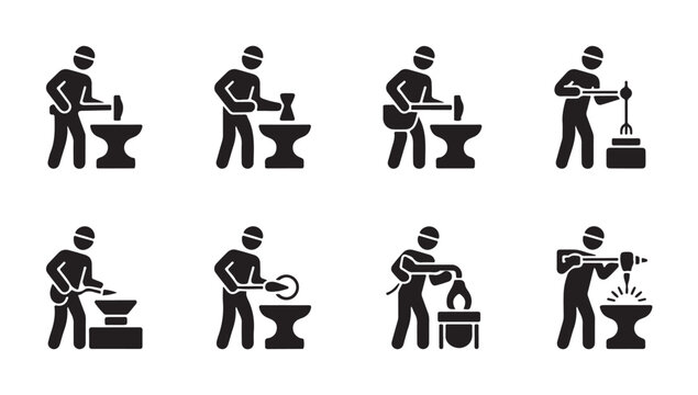 Blacksmith craft worker icons showing traditional metal forging process with anvil hammer.
