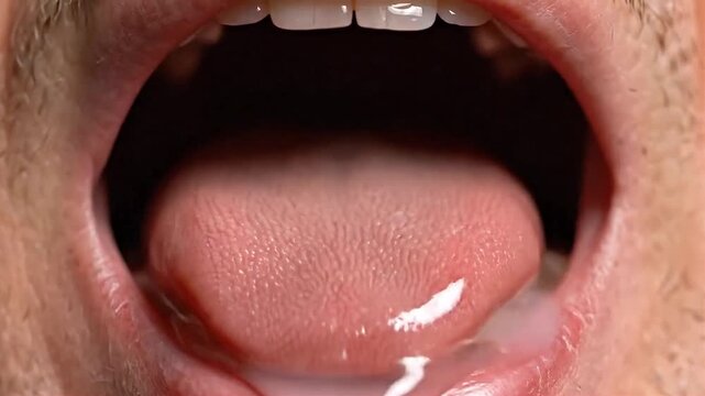 Macro detail of human face showing open mouth with lips teeth and tongue sticking out for oral care.