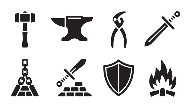 Blacksmith tools and elements set including hammer anvil pliers sword shield chain and bonfire.