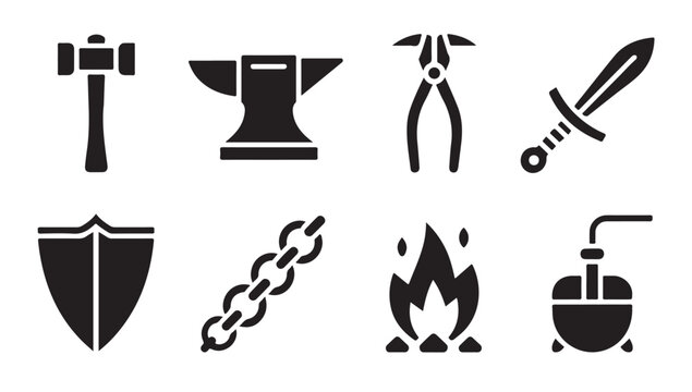 Blacksmith tools and elements set including hammer anvil pliers sword shield chain bonfire and furnace.