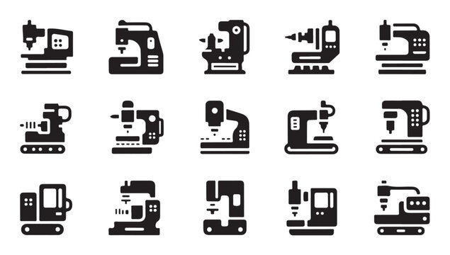 Professional metalworking machinery icons including lathe drills and computerized cnc equipment.