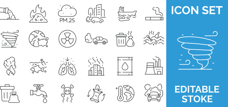 Pollution and environmental disaster line icon set with air quality toxic waste climate change and industrial damage symbols.