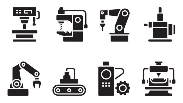 Robotic manufacturing and automated drilling machine icons for smart factory applications.
