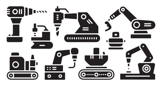 Heavy industrial robotic equipment icons including large drills and assembly line systems.