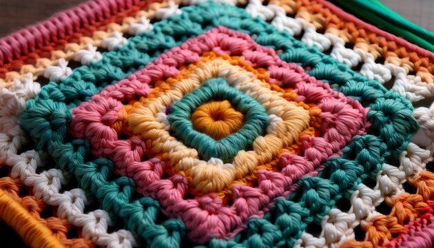 detailed close up showcases the artistry in a hand stitched crochet granny square highlighting the texture design and traditional craft technique