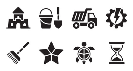 Beach sandcastle bucket shovel dump truck star turtle hourglass and rake icons. © Tanvir