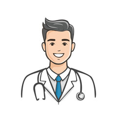 Fototapeta premium Friendly Cartoon Doctor with Stethoscope Smiling and Wearing Blue Tie and White Coat