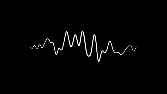 Looping animation of a white waveform with changing audio waveforms on a black background. Suitable for audio visualization, podcasts, music, voice, broadcasting, user interfaces, and motion graphics.