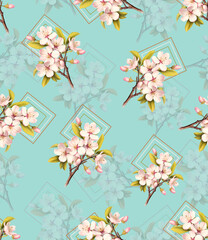 Modern seamless floral pattern on pastel teal background