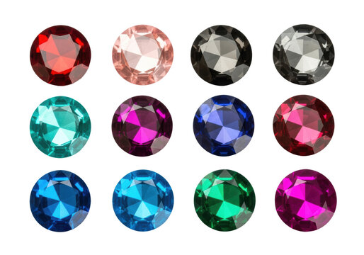 Eight colorful, faceted, flat-backed circular acrylic gems arranged in a precise grid on a transparent background, sharp focus macro product concept