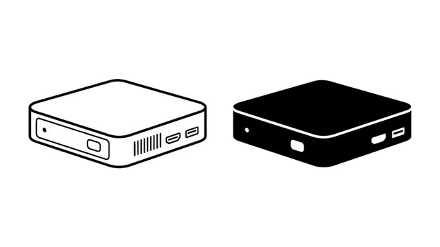 Compact Computer and Server Icons: A minimalist representation of two isometric devices, one a line drawing and the other a solid silhouette.