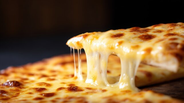 A close-up of a freshly baked cheese pizza, with gooey melted cheese stretching seductively