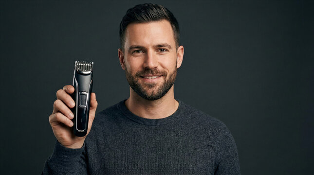 Man smiling while holding hair clipper against dark background  