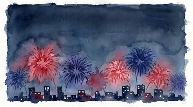 Fireworks exploding above a city skyline watercolor illustration style celebration