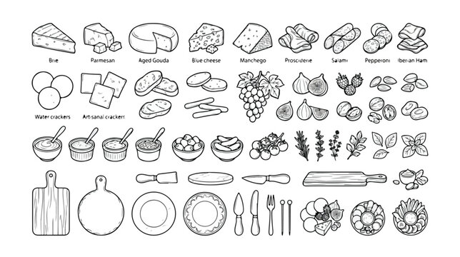 Set of 50 Cheese Board and Charcuterie Outline Icons Vector