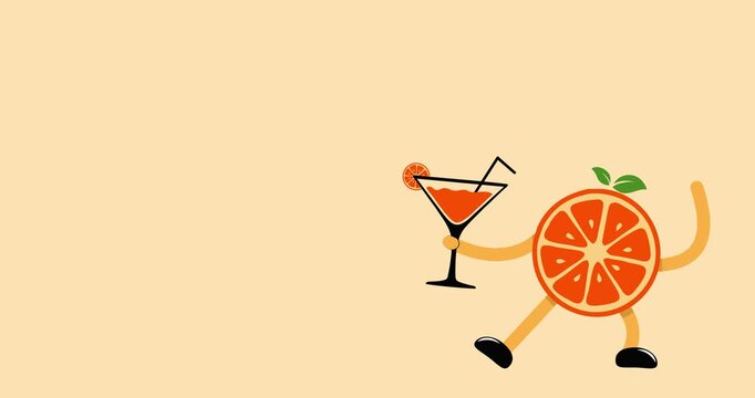 Cartoon animation of an orange character holding a glass of orange juice, with copy space.