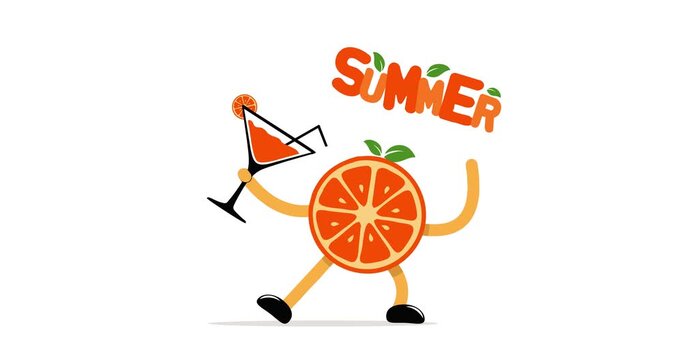 Cartoon animation of an orange character holding a glass of juice, with "summer" text decoration.