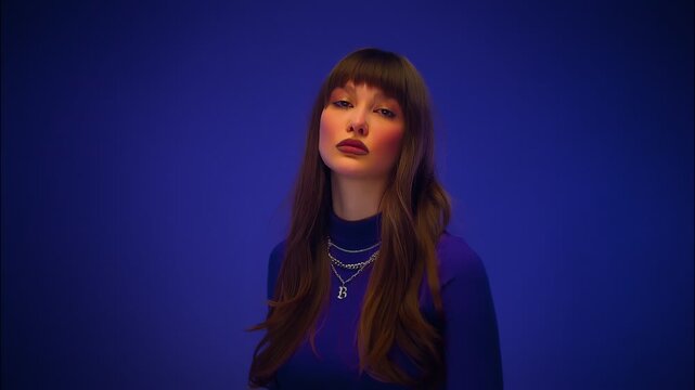 Serious woman posing in blue studio light with blunt bangs, dark lipstick, layered chains, calm blue