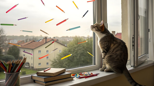 Curious cat sitting on windowsill looking outside at falling colorful pencils