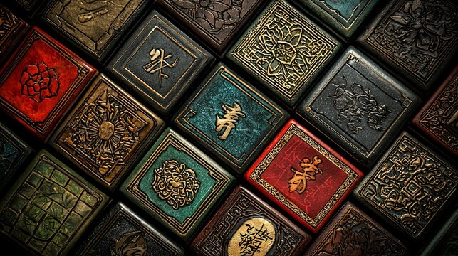 Collection of ornate, square boxes with Asian-inspired designs and characters.