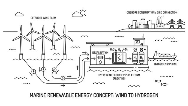 Marine renewable energy concept diagram showing wind power generation to hydrogen production.