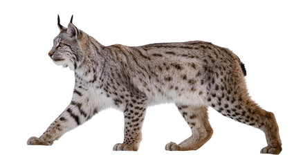 Isolated majestic and powerful Eurasian lynx walking elegantly in profile, wild animal © Ana