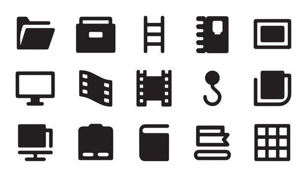 Set of file folder and library related icons in flat vector style for user interface design.
