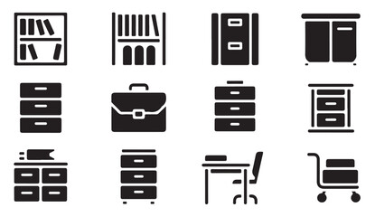 Office furniture and storage icons on transparent background. © Tamanna