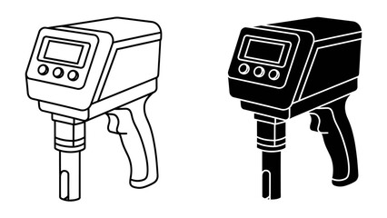 Digital pH Meter Icons: Two schematic illustrations, one in outline and the other in solid black, depict a modern digital pH meter with a display and keypad. © harun