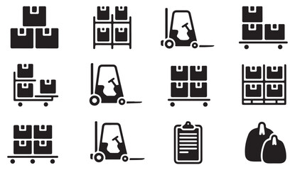 Warehouse logistics and goods handling black icons set. vector symbols of delivery and storage. © Tamanna