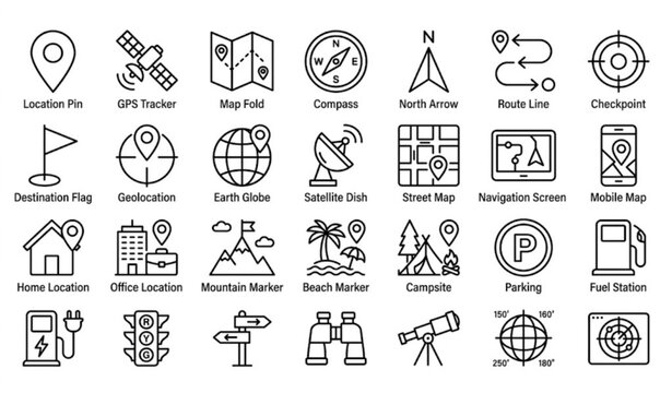 Minimal Map GPS and Location Line Icons Editable Stroke Pixel Perfect Vector Pack