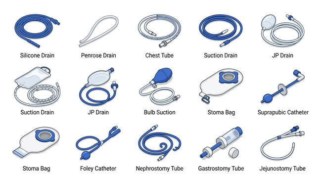 Isometric Medical Drains and Catheters Vector Icon Set, Blue and White Surgical Drainage Systems, Foley Catheter, Ostomy Stoma Bag, and Feeding Tubes for Healthcare Presentation Materials