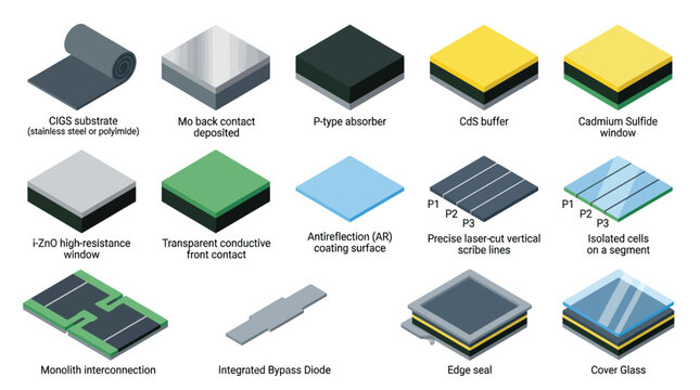 CIGS Thin Film Solar Cell Component Layers Isometric Icon Set, Vector Infographic Elements for Renewable Energy Technology Education and Business Presentation Materials